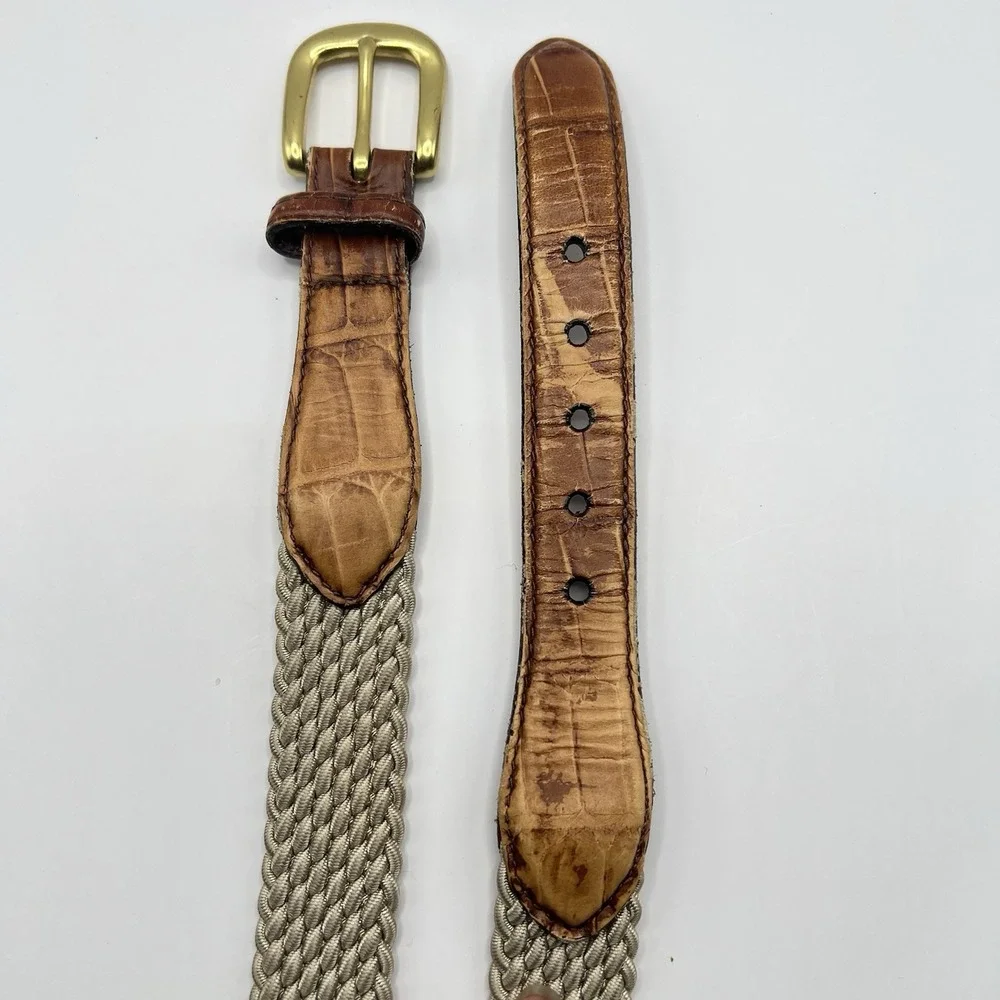 VTG Brighton Woven‎ Textile Belt Men 35-37 Beige Brass Buckle Distressed Leather